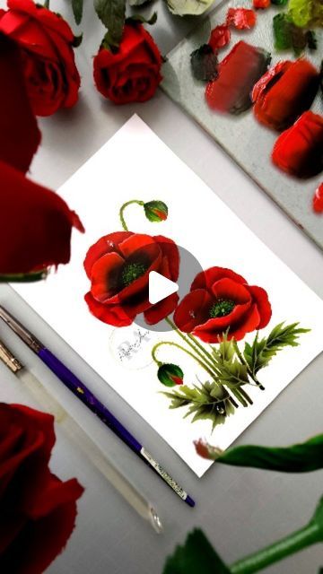 Red Poppy Flower Painting, How To Paint Poppy Flowers, Renjitha Anoop Painting, How To Paint Poppies, Painting Flower Bouquet, Red Poppies Painting, Red Poppy Painting, Poppy Flower Painting, Red Poppy Flower