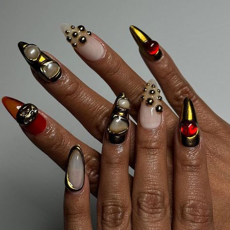 Myprettyset (@myprettyset) • Instagram photos and videos Fire Almond Nails, Disco Ball Nails, Almond Nails Red, Curved Nails, Red X, Fancy Nails Designs, Acrylic Nail Kit, Drip Nails, Stuck Up