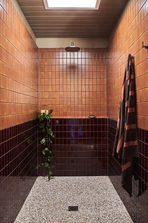 1980s Interior, Foam House, Brown Tile, Tile Splashback, Internal Courtyard, Pink Tiles, Brick Veneer, House Names, Bold Wallpaper