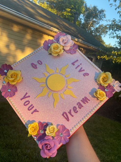 Tangled theme, 2020 Tangled Formal Theme, Tangled Senior Parking Spot, Tangled Graduation Party, Tangled Grad Cap, Rapunzel Graduation Cap, Rapunzel Grad Cap, Tangled Graduation Cap, Graduation Cap Decoration Nursing, Diy Grad Cap