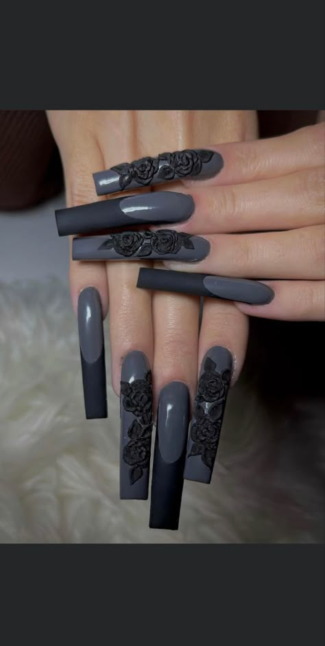 Extra Black Nails, Xl Long Acrylic Nails Black, Wednesday Nails Ideas, Wednesday Nails, Long Black Nails, Lace Nail Design, Black Nail Design, The Best Nails, Rose Birthday