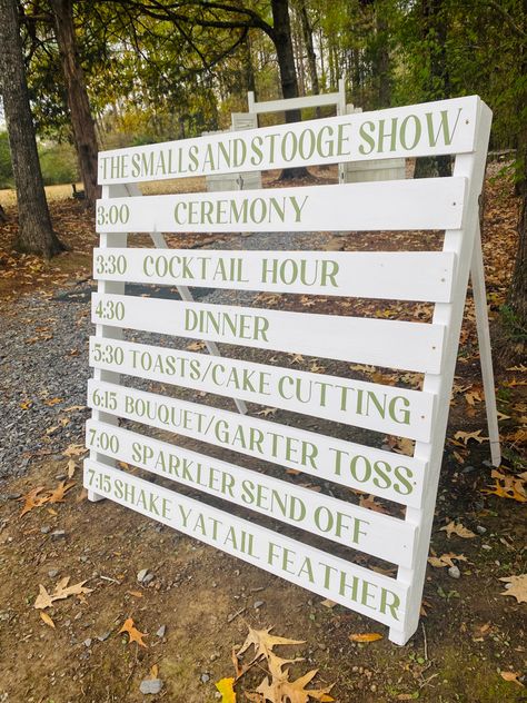 This sign we made doubled as ceremony decor and reception decor. We moved it after we sent the bride down the aisle. How cool is this? Wedding Signs Ceremony, Wedding Timeline Sign, Garter Toss, Camping Shelters, Wedding Schedule, Sparkler Send Off, Ceremony Signs, Ceremony Ideas, Wedding Timeline