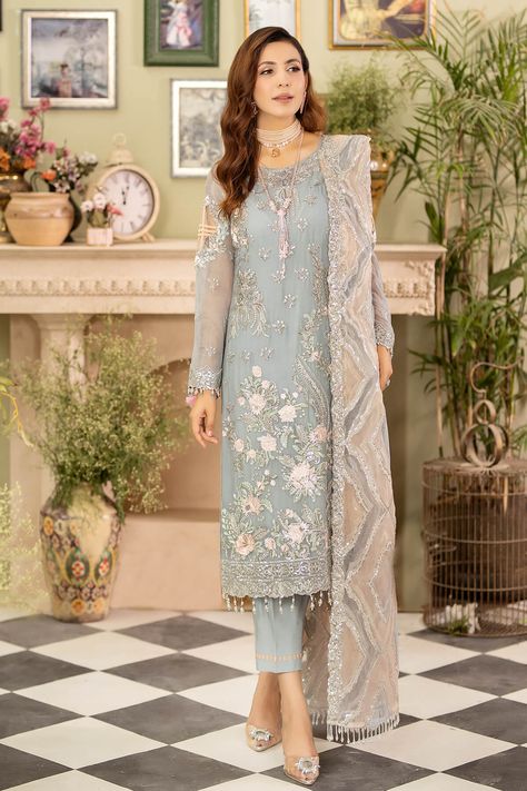 Embroidered Chiffon for front Plan chiffon for back Embroidered chiffon for sleeves Embroidered net dupatta Embroidered organza border for front & back Embroidered organza border for sleeves Dyed raw silk trouser Sara Clothes, Desi Fits, Raw Silk Fabric, Pakistani Salwar Kameez, Chiffon Collection, Embroidered Chiffon, Embroidered Organza, Silk Trousers, Ladies Clothing