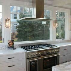 hood in front of window. like the three windows Stove Ideas, Kitchen Surfaces, River View, Kitchen Hoods, Kitchen Stove, Window Decoration, Kitchen Redo, Kitchen Window, Style At Home