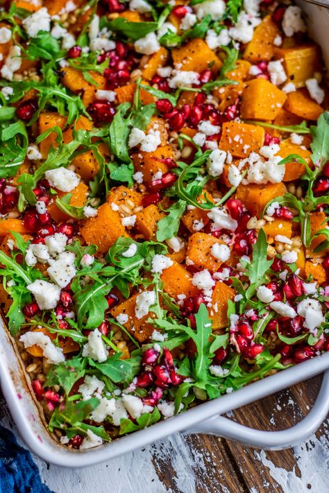 Barley And Butternut Squash Salad. This seasonal salad featuring vegan feta is utterly delicious, filling and flavoursome but also super simple Barley Salad Recipes, Vegan Feta, Barley Salad, Butternut Squash Salad, Seasonal Salad, Squash Salad, Veggie Stock, Vegan Lunches, Vegan Salad