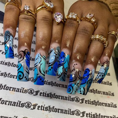 Nails on Black Women 90s Blue Nails, 90s Nails Black Women, Old School Nail Designs Black Women, Blue Curved Nails, 90s Nail Designs Black Women, 90s Nails Acrylic Black Women, 90 Nails The 90s Art Designs, Nails On Black Women, 90s Nails