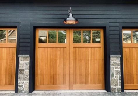 Best Garage Door Styles for a Modern Farmhouse - Fine Homebuilding Faux Wood Garage Door, Carriage House Garage Doors, Garage Door House, Carriage House Doors, Carriage Garage Doors, Wooden Garage Doors, Carriage House Garage, Wood Garage, Modern Garage Doors