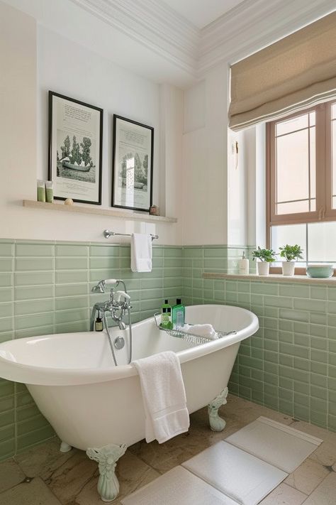 See how to create and style a stunning sage green bathroom with these tips. Light Green Bathroom Tile, Bath Tile Design, Sage Green Bathroom, Light Green Bathrooms, Bathtub Aesthetic, Pastel Bathroom, Dark Green Bathrooms, Black And White Tiles Bathroom, Light Green Walls