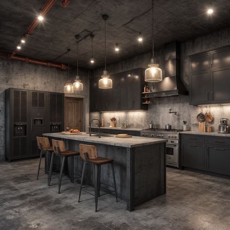 17+ Kitchens Featuring A Black Island – radientlyrawkitchen Industrial Kitchen With Island, Black Island Wood Top, Concrete Kitchen Ideas, Hosting Brunch, Iron Kitchen, Black Island, Kitchen Island Ideas, Black Kitchen Island, Kitchen Games