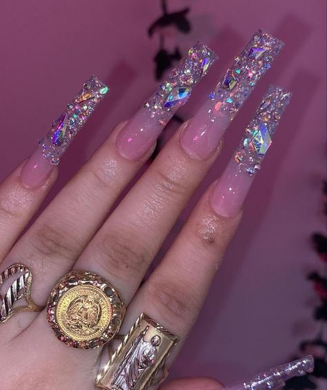 pretty & unique nails. Iridescent Rhinestone Nails, Glam Nail Ideas, Full Bling Nails, Pink Sets, Bedazzled Nails, Nail Designs Bling, Long Acrylic Nail Designs, Baddie Nails, Cute Acrylic Nail Designs