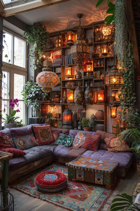 Maximalist Reading Corner, Eclectic Bookshelves, Eccentric Living Room, Eclectic Boho Living Room, Plant Placement, Whimsical Living Room, Hippie Living Room, Eclectic Architecture, Makeover House