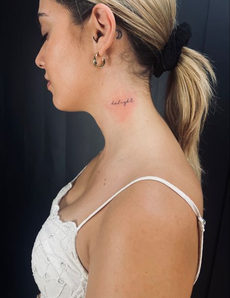 Single Word Neck Tattoos, Small Cursive Neck Tattoo, Woman Small Neck Tattoo, Fineline Neck Tattoo, Divine Neck Tattoo, Neck Word Tattoos Women, Dainty Neck Tattoos, Love Neck Tattoo, Side Neck Tattoos Women Words