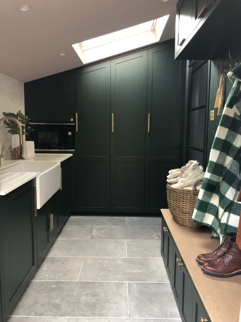 Utility Cupboard Ideas, Cornish House, Boot Room Ideas, Boot Room Utility, Utility Room Designs, Reminder To Myself, Dark Green Kitchen, Utility Room Storage, Utility Room Ideas