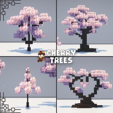 Cherry Trees (Free Download!) | Patreon Cherry Tree House Ideas Minecraft, Cute Cherry Minecraft House, Cherry Trees Minecraft, Minecraft Building Ideas Purple, Cherry Treehouse Minecraft, Fairy Lights Minecraft, Cherry Wood Castle Minecraft, Cherry Mc House, Towers In Minecraft