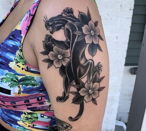 Traditional Panther With Flowers, Panther Arm Tattoos For Women, Female Black Panther Tattoo, Black Panther Tattoo With Flowers, Black Panther Floral Tattoo, Panther And Flower Tattoo, Black Panther Leg Tattoo, Panther Flower Tattoo, Panther With Flowers Tattoo