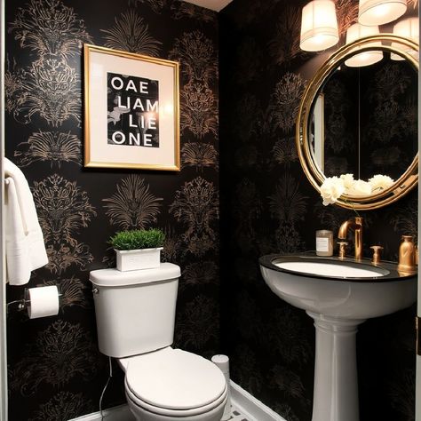 20 Black Powder Room Ideas for A Chic Look Black And Gold Wallpaper Bathroom, Decorating Powder Rooms, Black Powder Rooms, Mini Powder Room, Powder Room Ideas Modern Luxury, Black And Gold Powder Room, Black Powder Room Ideas, Black Half Bathroom, Classic Powder Room