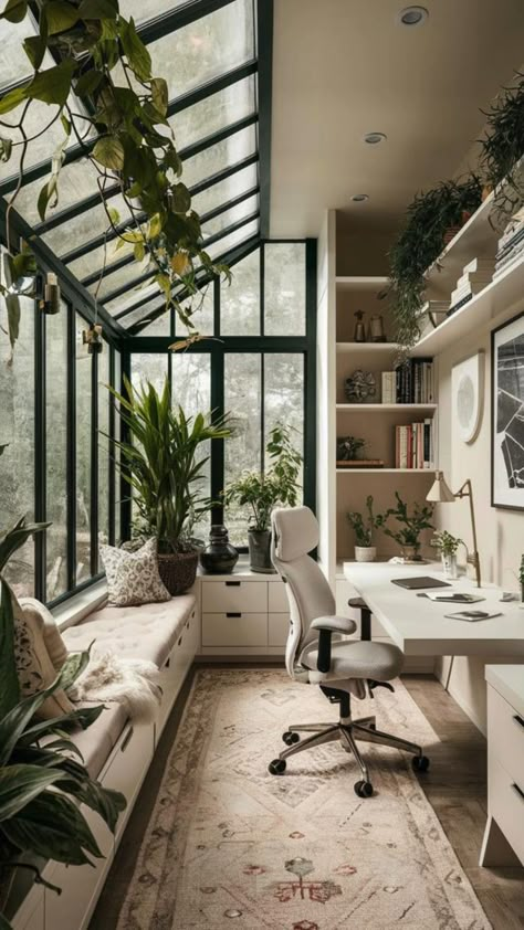 Office Conservatory Ideas, Small Sunroom Library Ideas, Home Office Skylight, Office With Windows Ideas, Green House Office Design, Sunroom And Office Combo, Dream Office Aesthetic, Sunroom Office Ideas Small Spaces Cozy, Home Office Lots Of Windows