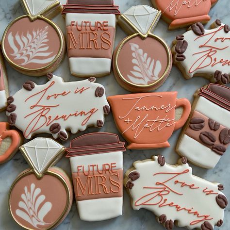 Fall Bridal Shower Coffee Bar, Love Is Brewing Bridal Shower Cookies, Coffee Themed Bridal Shower Cookies, Love Is Brewing Cookies, Coffee Shop Bridal Shower Ideas, Coffee Bridal Shower, Bridal Shower Games Prizes, Bridal Gift Box, Bridal Cookies