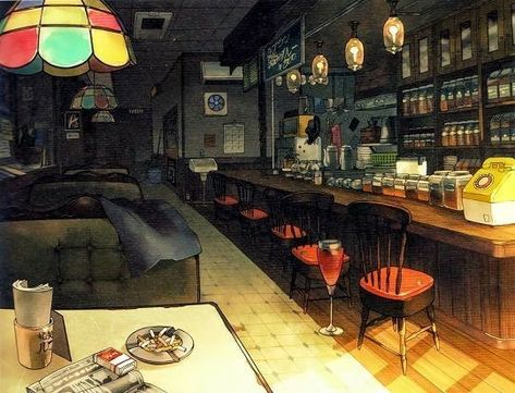 Cafe LeBlanc Cafe Concept Art, Cafe Leblanc, Interior Concept Art, Design Cafe, Cafe Concept, Best Rpg, Megami Tensei, Cafe Art, Persona 4