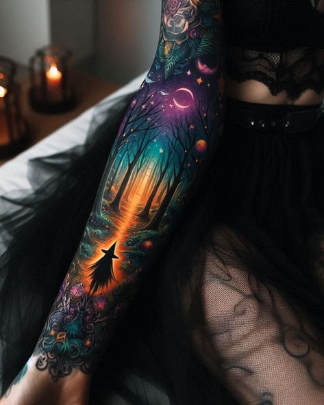 Bring the enchanting beauty of a forest to life with an arm tattoo that captures its magic. From towering trees to tiny critters, it’s a masterpiece for nature lovers. Acomaf Tattoo, Fairy Sleeve, Halloween Tattoos Sleeve, Tattoo Trash, Mermaid Nail Art, Tattoos Sleeve, Witch Tattoo, Forest Tattoos, Amazing Tattoos