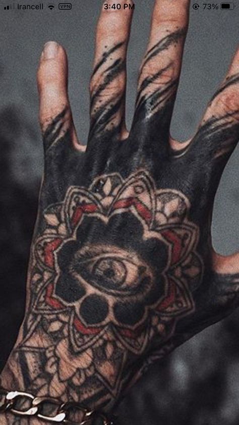 Black Out Hand Tattoo Designs, Blacked Out Hand Tattoo, Black Out Finger Tattoo, Black Work Hand Tattoo, Dark Knee Tattoo, Blackout Hand Tattoo, Dark Hand Tattoos, Hand Tattoo Cover Up, Geometric Tattoo Hand