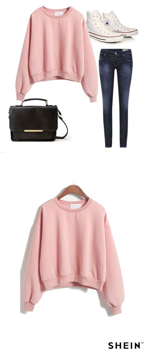 Round Neck Crop Pink Sweatshirt Pink Crop Sweatshirt Outfit, Pink Sweatshirt Outfit Winter, Pink Outfit Winter, Pink Outfit Casual, Sweatshirt Dress Diy, Pink Sweatshirt Outfit, Pink Fall Outfits, Sweatshirt Outfit Winter, Sweatshirt Dress Outfit