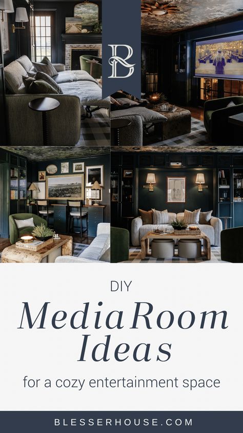 Budget Friendly DIY Home Media Room Ideas: Makeover Reveal Dark Blue Media Room, Media Room Inspiration, Loft Media Room Ideas, Dark Media Room Ideas, Man Cave Ideas Small Room, Media Room Seating Ideas, Media Room Decor Ideas, Home Media Room Ideas, Small Home Theater Room Design