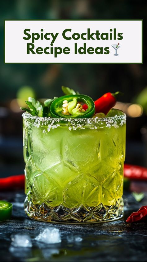 A vibrant jalapeño margarita garnished with fresh chili peppers, showcasing a spicy cocktail recipe idea. Halloween Spicy Margarita, Spicy Drinks Cocktails, Jalapeno Cocktail Recipes, Savory Cocktail Recipes, Spicy Cocktail Recipes, Latin Cocktails, Jalapeño Cocktail, Fiery Cocktail, Spicy Cocktails