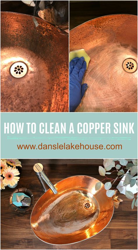 Did My Copper Sink Patina? | How to Clean a Copper Sink Copper Bathroom Sink Ideas, Bathroom With Copper Sink, Cleaning Copper Sinks, How To Clean Copper Sink, Copper Cleaner Diy, Hammered Copper Sink Bathroom, Copper Sink Kitchen, Lakehouse Inspiration, Bathroom Copper Sink