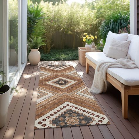 Step into a world of tradition with our area rug, where tribal and ethnic vibes meet modern design needs in a transitional style. Perfect for enhancing a native-themed décor, this rug makes any space more inviting. Ranch Style House Decor, Outdoor Porch Rug, Modern Southwest Living Room, Front Porch Furniture Ideas, Boho Outdoor Rug, Southwest Living Room, Boat Remodel, Porch Rugs, Front Porch Rug