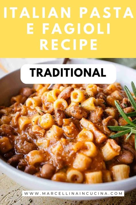 This Authentic Italian Pasta e Fagioli Recipe (pasta and beans) is the ultimate comfort food and a staple in all Italian homes.  This classic recipe features tender borlotti beans, perfectly cooked pasta, and humble vegetables that are simmered together to create a dish that is sure to warm the soul. It is creamy, satisfying and so very tasty! #AuthenticPastaEFagioliRecipe #ItalianPastaAndFagioliRecipe #TraditionalItalianPastaEFagioliRecipe Pasta Fragility, Pasta Fazul Recipe, Pasta Fazool Recipe Italian, Pasta Fazul, Ditalini Pasta Recipes, Recipes With Ditalini Pasta, Garganelli Pasta, Pasta With Beans, Bean Pasta Recipes