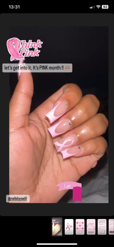 Breastcancerawareness Nail Ideas, Pink Breast Awareness Nails, Birthday Nails For Cancers, Pink Ribbon Nails October, Acrylic Nails For Cancers, Nail Ideas For Cancers, Pink Breast Awareness Nails Design, October Breast Awareness Month Nails, Pink Ribbon Nails