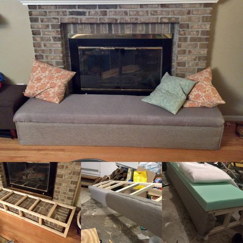 My #DIY Fireplace bumper / bench seat that slides forward as a free standing bench when we light fires. #baby #fireplace Fireplace Bench Seating Diy, Fireplace Playroom, Fireplace Bumper, Fireplace Cushion, Baby Proof Fireplace, Fireplace Bench, Diy Bench Seat, Fireplace Safety, Fireplace Seating