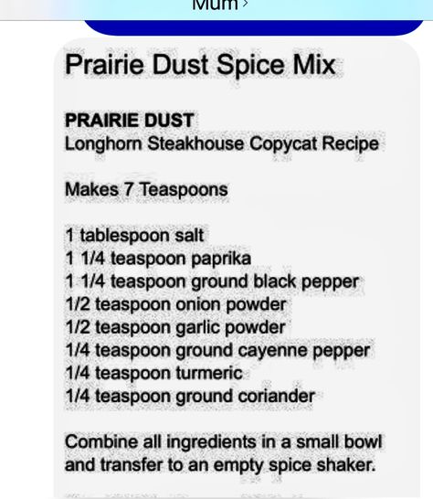 Saved Photo ￼ Prairie Dust, Homemade Dry Mixes, Dry Rub Recipes, Homemade Spice Mix, Spice Blends Recipes, Diy Mixes, Spice Mix Recipes, Seasoning And Spice, Homemade Spice Blends