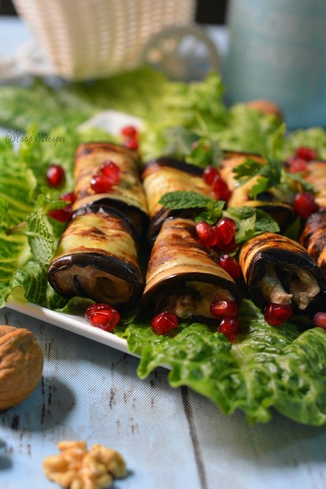 Eggplant Walnut Rolls, Georgian Eggplant Rolls, European Lunch, Georgian Recipes, Aubergine Recipes, Eurovision Party, Aubergine Recipe, Eggplant Rolls, Vegetarian Mains