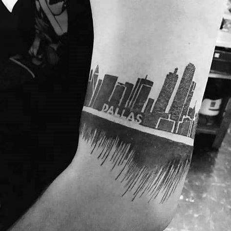 Male With Cool Arm Band Dallas Skyline Tattoo Design Skyline Tattoo Sleeve, Dallas Skyline Tattoo, City Skyline Tattoo, Texas Tattoo, Dallas Tattoo, Skyline Tattoo, Nature Tattoo Sleeve, Texas Tattoos, Dallas Skyline