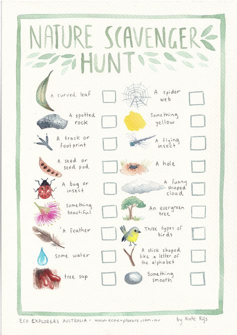 Australian themed nature scavenger hunt which has been hand illustrated and painted by artist and Eco Explorers bush playgroup facilitator Kate Rijs. Outdoor Learning Resources, Nature Scavenger Hunt, Nature Hunt, Scavenger Hunt Printable, Forest School Activities, Emprendimiento Ideas, Nature School, Scavenger Hunt For Kids, Forest School