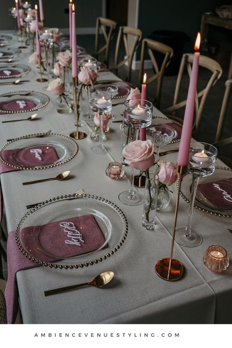 Contemporary design for those wanting to have a pink colour palette for their wedding or event. Tonal styling really brings this design to life with the added texture of the luxurious table linen. @ambiencenorthyorkshire @eilishlouisephotography @hutton_wandesley_stables Table Setting Spring, Tablescape Design, Pink Colour Palette, Banquet Dining, Centrepiece Ideas, Pink Wedding Centerpieces, Spring Wedding Color Palette, Diner Table, Metallic Accessories