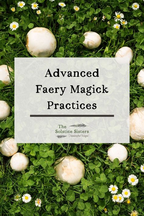 The image shows a patch of vibrant green grass with small white mushrooms and daisy flowers scattered throughout, creating a natural, whimsical scene. Overlaying the image is a text box with the title "Advanced Faery Magick Practices." Below the title is the logo for "The Solstice Sisters," accompanied by the tagline "Handcrafted Magick". The overall aesthetic of the image feels earthy, mystical, and invites the viewer to explore deeper magickal practices connected to nature and the Fae. Fae Magick, Fae World, Faery Magick, The Fae, Relationship Bases, Modern Witch, Mystical World, Beltane, Dry Leaf