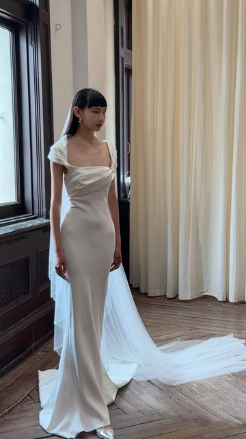 Wedding Dress With Sheer Sleeves, Amsale Wedding Dress, 2025 Moodboard, Silk Bridal Gown, Slip Wedding Dress, Dress With Sheer Sleeves, Plain Wedding Dress, Bridal Design, High Neck Wedding Dress