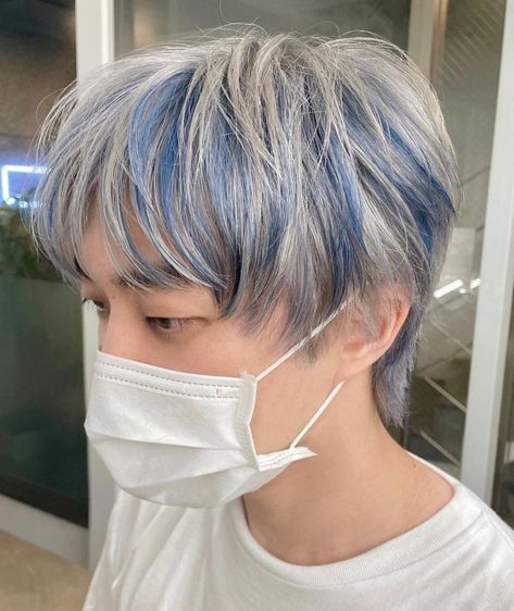 Male Highlights Hair Men, Pastel Blue Hair Highlights, Blue Hair Highlights Men, White Hair Blue Highlights, Silver Blue Hair Men, Short Blonde Hair With Blue Highlights, Silver Hair With Blue Highlights, Male Hair Color Ideas For Men, Light Blue Highlights In Black Hair