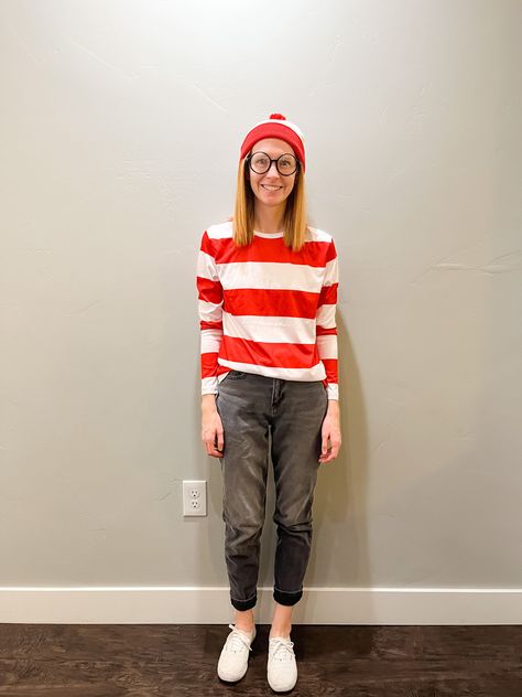 woman standing Modest Halloween Costumes For Women, Work Appropriate Costumes, Princess Peach Halloween Costume, Princess Peach Halloween, Where's Waldo Costume, Adult Costumes Diy, Waldo Costume, Work Appropriate Halloween Costumes, Modest Halloween Costumes