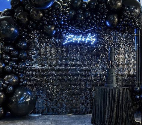 All Black Party Theme For Men, Black Color Birthday Theme, All Black Festa, Alucin Party Theme, Dark Blue Bday Theme, Black And Blue Party Theme, 18th Birthday Black Theme, Black Decorations Party, Men’s Birthday Backdrop