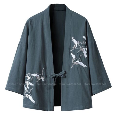 Crane Embroidery, Kimono Outerwear, Kimono Robes, Men Jackets, Black Kimono, Estilo Hip Hop, Casual Cardigans, Hip Hop Streetwear, Kimono Style