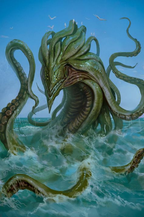 Fantasy Sea Monster, Dnd Ocean Monsters, Lovecraftian Horror Monsters, Dnd Kraken, Sea Monster Concept Art, Kraken Concept Art, Sea Monster Oc, Sea Monster Design, Squid Monster