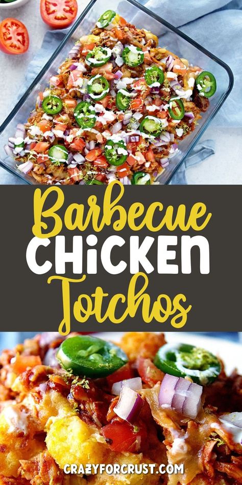 These BBQ Chicken Totchos are crispy tots topped with creamy cheese sauce, shredded BBQ chicken, and all the toppings is an easy appetizer or snack for game-day and parties. Bbq Chicken Totchos, Chicken With Bbq Chips, Bbq Chicken Appetizer, Bbq Chicken Sides Dishes, Shredded Bbq Chicken Recipes, Chicken Totchos, Tot Recipes, Totchos Recipe, Bbq Chicken Bites