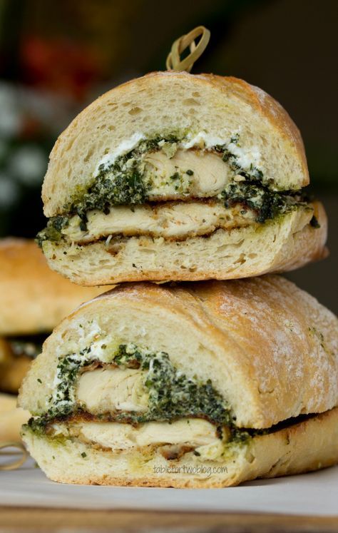 Goat Cheese Pesto Chicken Sandwich. I might switch up the cheese and add some fresh tomato slices, but this looks yummy! Sandwich Table, Pesto Chicken Sandwich, Goat Cheese Pesto, Goat Cheese Sandwich, Chicken Pesto Sandwich, Sandwich Chicken, Bread Ideas, Italian Breadcrumbs, Chicken Tenderloins