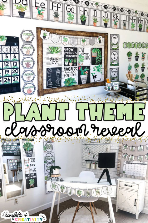 Be inspired to fill your classroom with all things succulents, cacti and tranquility with my plant themed classroom decor reveal! The cohesiveness of the bundle will truly put your mind at ease, from the beautiful succulent calendar to the motivational posters filled with love, everything blooms to perfection. Check it out here! #plantclassroom #classroomdecor #classroomreveal #classroominspiration Plant Decor Classroom Ideas, Green Classroom Decor Theme, Succulent Classroom Decor Ideas, Succulents Classroom Decor, Plant Themed Classroom Ideas, Relaxing Classroom Theme, Grow Theme Classroom, Growth Classroom Theme, Plant Theme Bulletin Board