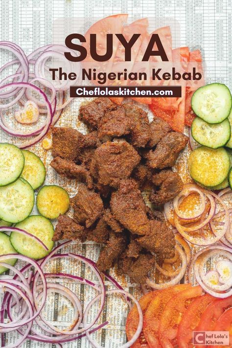 This shows Nigerian Kebab, mostly known as Suya and the lovely sides like Cucumber that it can be eaten with. Beef Suya, Suya Recipe, Suya Spice, Nigerian Recipes, African Cooking, Bite Size Appetizers, Sliced Meat, Nigerian Food, Stuffed Pepper Soup