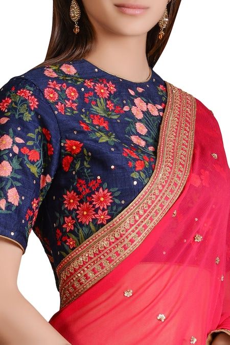 Saree With Embroidered Blouse Bead Work Embroidery, Sahil Kochhar, Fashionable Saree Blouse Designs, Beaded Neckline, Blouse For Women, Pink Saree, Saree With Blouse, Blouse Online, Designer Gowns